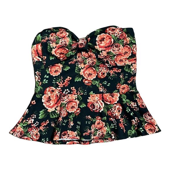 Wet Seal Tops - Wet Seal Strapless Peplum Bow Top Black Red Roses L
